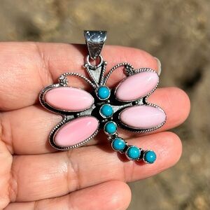 925 Sterling Silver Pink Conch & Kingman Turquoise Butterfly Pendant